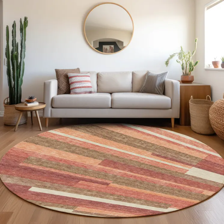 8' Coral Peach And Taupe Round Striped Washable Indoor Outdoor Area Rug