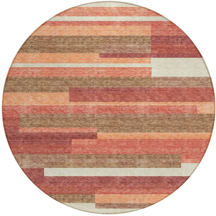 8' Coral Peach And Taupe Round Striped Washable Indoor Outdoor Area Rug