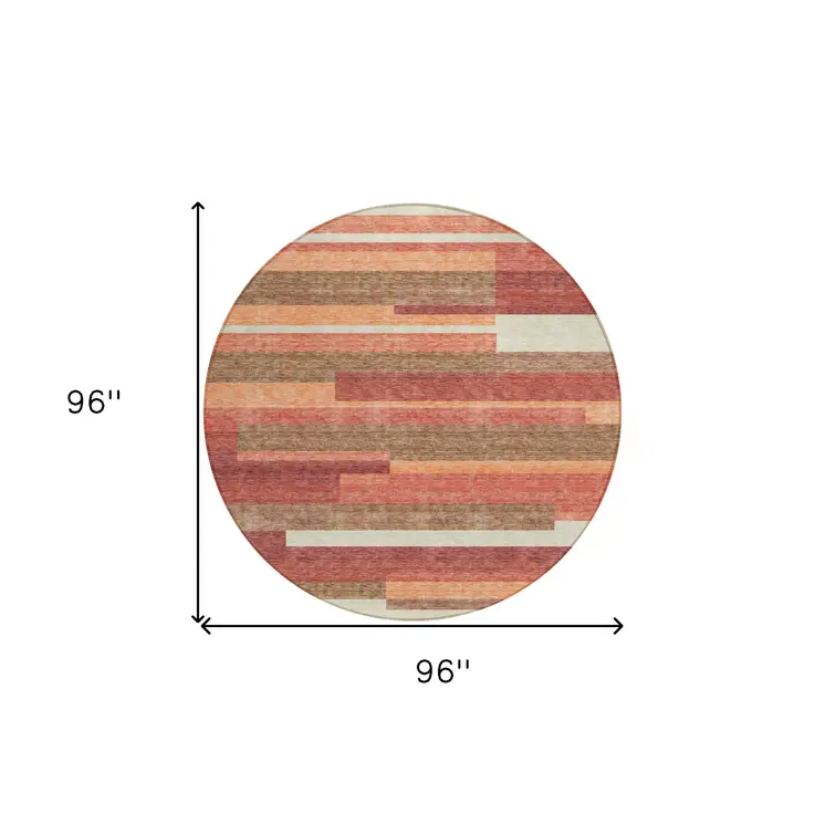 8' Coral Peach And Taupe Round Striped Washable Indoor Outdoor Area Rug