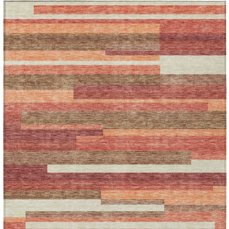 8' X 10' Coral Peach And Taupe Striped Washable Indoor Outdoor Area Rug