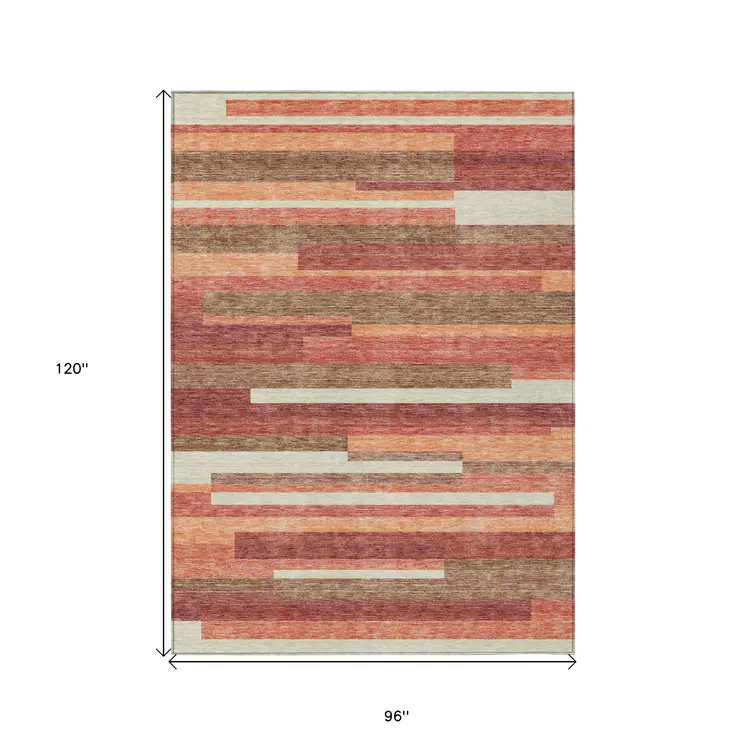 8' X 10' Coral Peach And Taupe Striped Washable Indoor Outdoor Area Rug