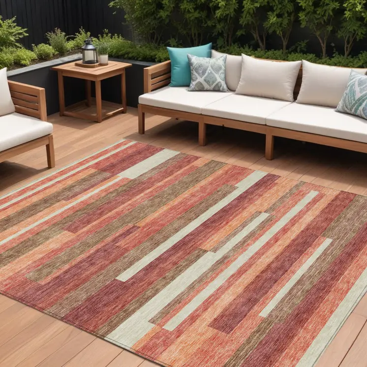 8' X 10' Coral Peach And Taupe Striped Washable Indoor Outdoor Area Rug