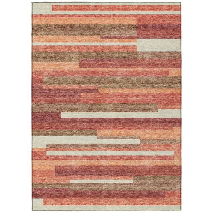 8' X 10' Coral Peach And Taupe Striped Washable Indoor Outdoor Area Rug