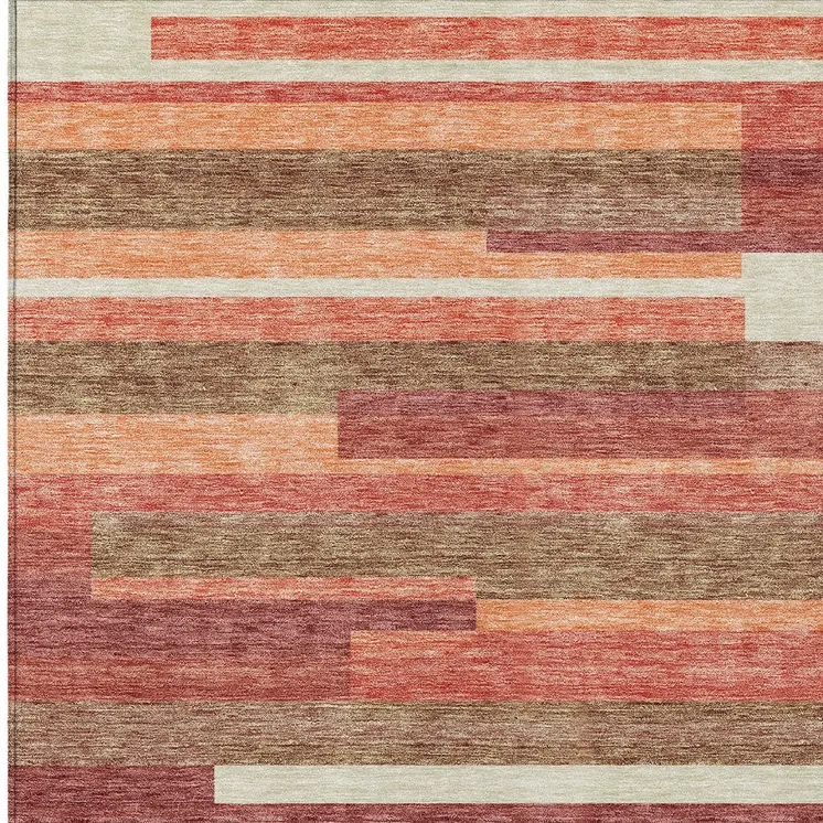 8' X 10' Coral Peach And Taupe Striped Washable Indoor Outdoor Area Rug