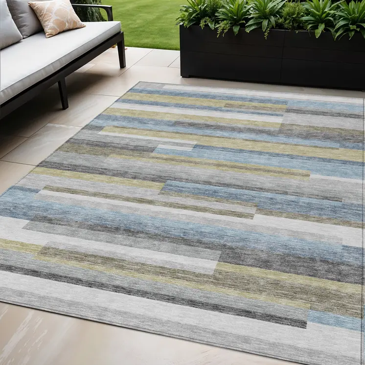 5' X 8' Gray Denim Blue And Sky Blue Striped Washable Indoor Outdoor Area Rug