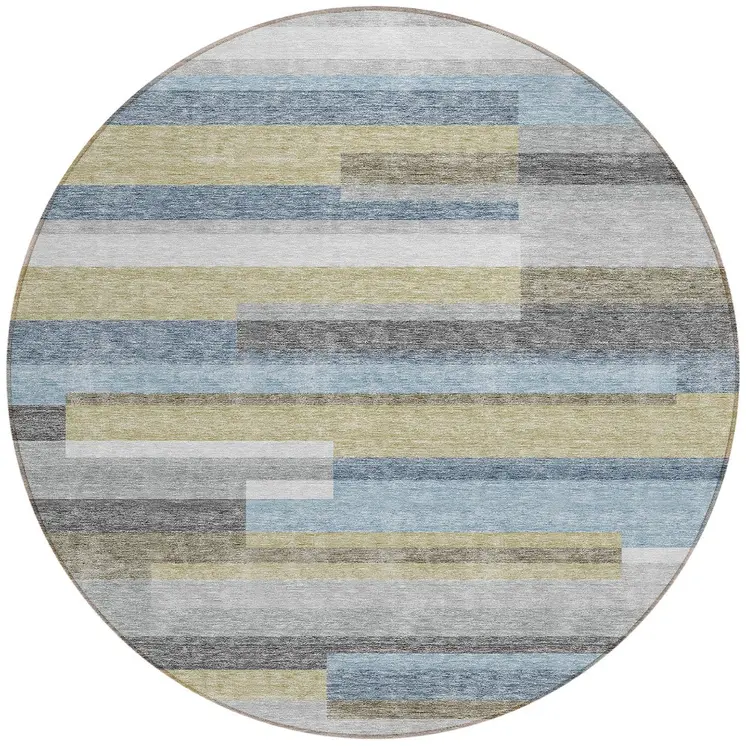 8' Gray Denim Blue And Sky Blue Round Striped Washable Indoor Outdoor Area Rug