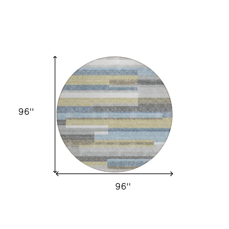 8' Gray Denim Blue And Sky Blue Round Striped Washable Indoor Outdoor Area Rug