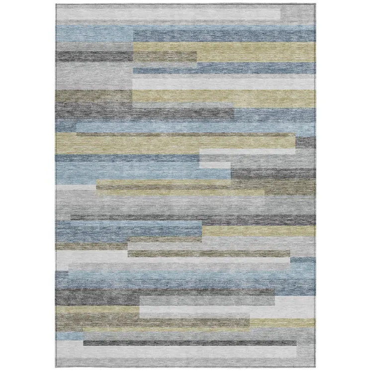 8' X 10' Gray Denim Blue And Sky Blue Striped Washable Indoor Outdoor Area Rug