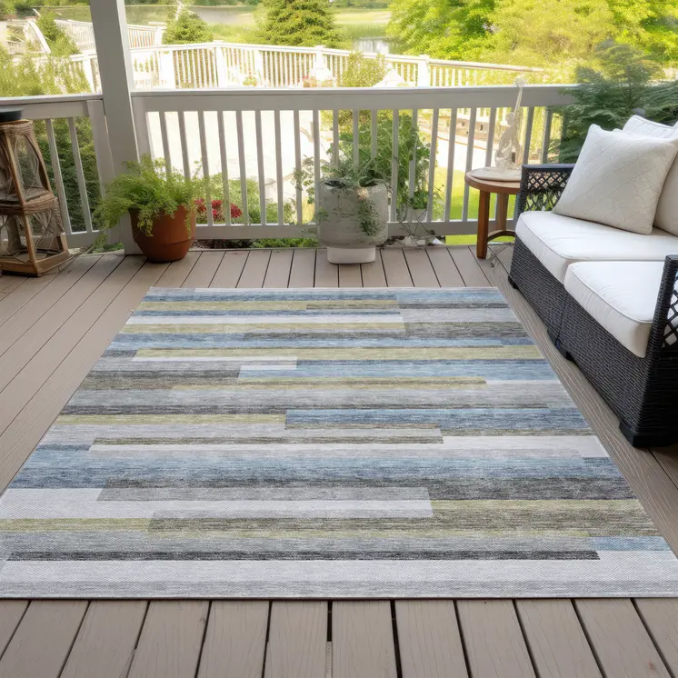 8' X 10' Gray Denim Blue And Sky Blue Striped Washable Indoor Outdoor Area Rug