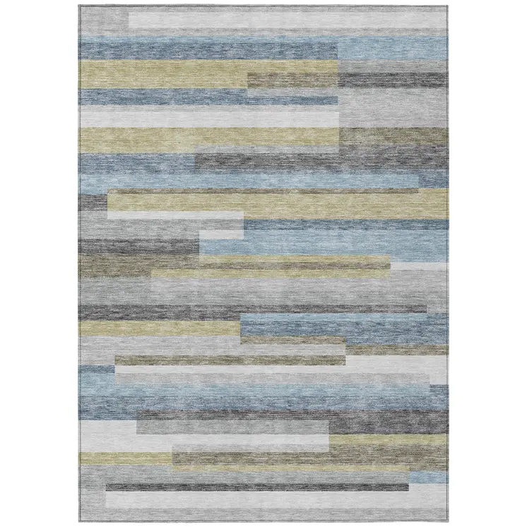 8' X 10' Gray Denim Blue And Sky Blue Striped Washable Indoor Outdoor Area Rug