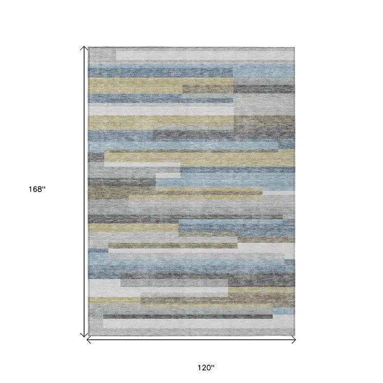 10' X 14' Gray Denim Blue And Sky Blue Striped Washable Indoor Outdoor Area Rug