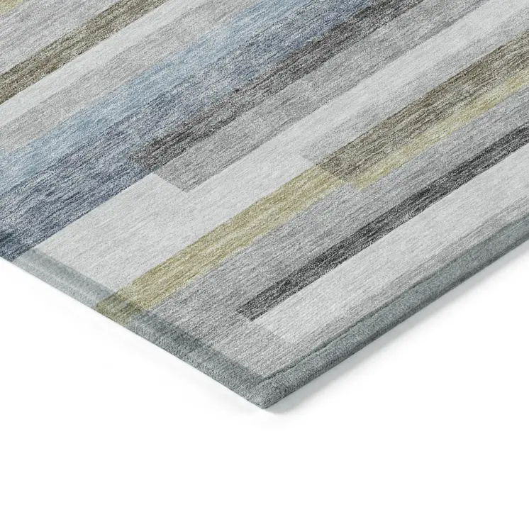 10' X 14' Gray Denim Blue And Sky Blue Striped Washable Indoor Outdoor Area Rug