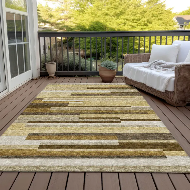 3' X 5' Khaki Taupe And Gold Striped Washable Indoor Outdoor Area Rug