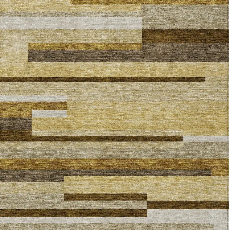 3' X 5' Khaki Taupe And Gold Striped Washable Indoor Outdoor Area Rug