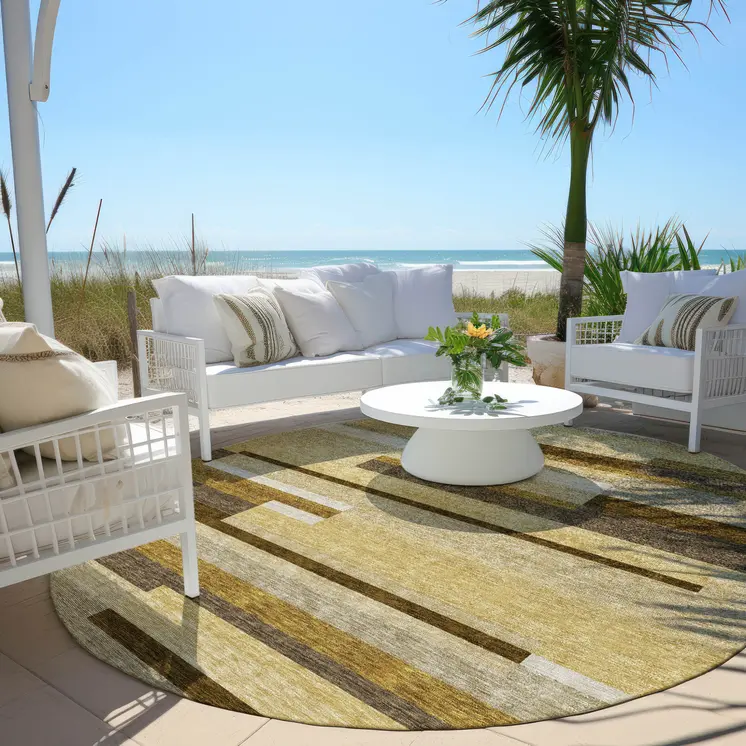 8' Khaki Taupe And Gold Round Striped Washable Indoor Outdoor Area Rug
