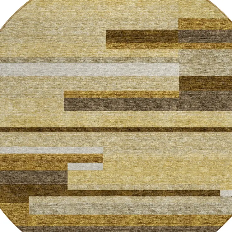8' Khaki Taupe And Gold Round Striped Washable Indoor Outdoor Area Rug