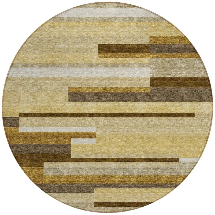 8' Khaki Taupe And Gold Round Striped Washable Indoor Outdoor Area Rug