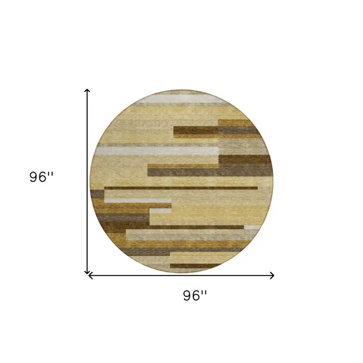 8' Khaki Taupe And Gold Round Striped Washable Indoor Outdoor Area Rug