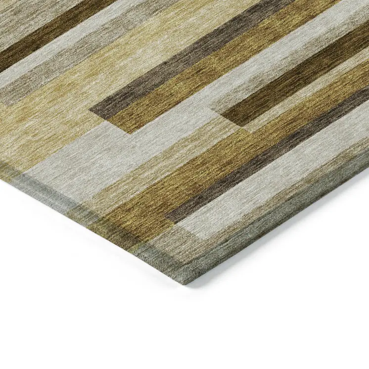 9' X 12' Khaki Taupe And Gold Striped Washable Indoor Outdoor Area Rug