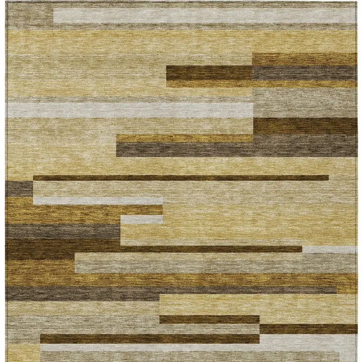 9' X 12' Khaki Taupe And Gold Striped Washable Indoor Outdoor Area Rug
