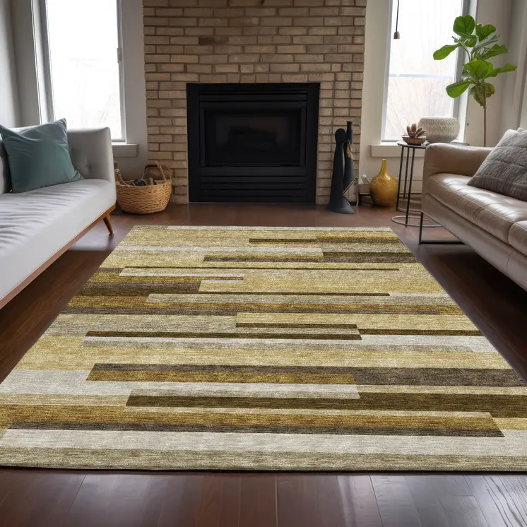 9' X 12' Khaki Taupe And Gold Striped Washable Indoor Outdoor Area Rug