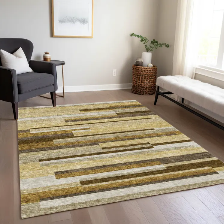 9' X 12' Khaki Taupe And Gold Striped Washable Indoor Outdoor Area Rug