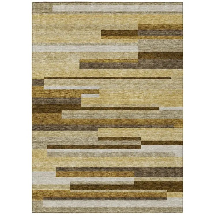 10' X 14' Khaki Taupe And Gold Striped Washable Indoor Outdoor Area Rug