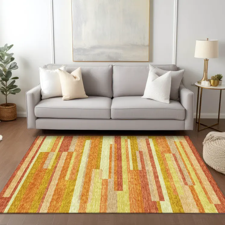 3' X 5' Orange Salmon And Lime Green Striped Washable Indoor Outdoor Area Rug