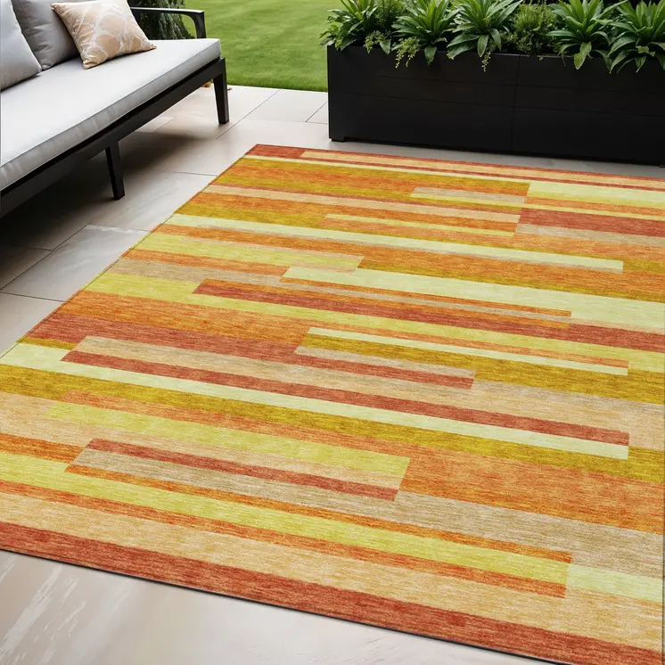 5' X 8' Orange Salmon And Lime Green Striped Washable Indoor Outdoor Area Rug