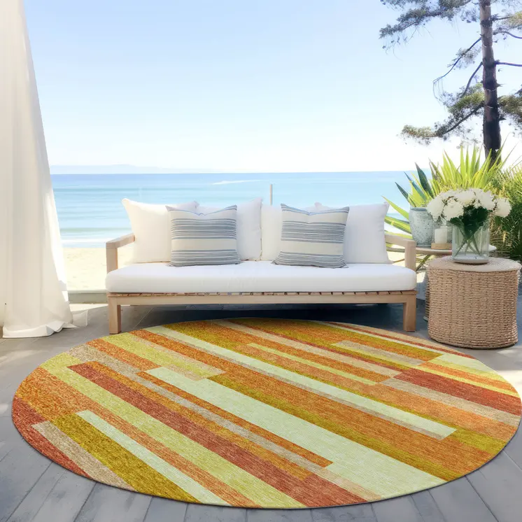 8' Orange Salmon And Lime Green Round Striped Washable Indoor Outdoor Area Rug