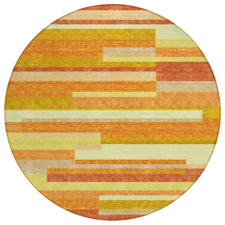 8' Orange Salmon And Lime Green Round Striped Washable Indoor Outdoor Area Rug