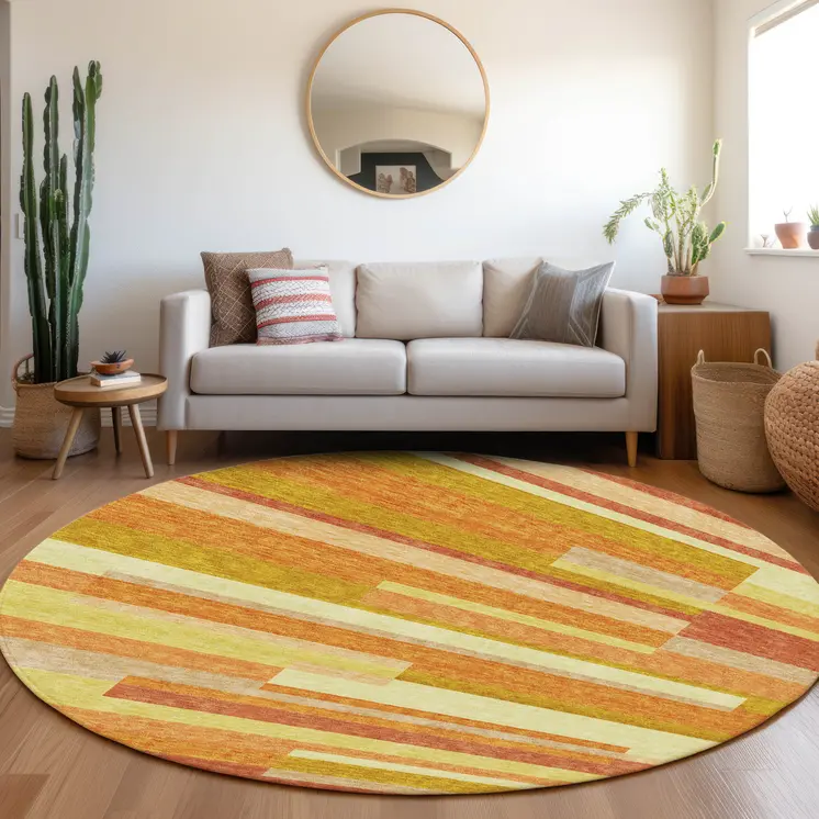8' Orange Salmon And Lime Green Round Striped Washable Indoor Outdoor Area Rug