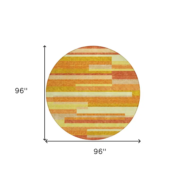 8' Orange Salmon And Lime Green Round Striped Washable Indoor Outdoor Area Rug