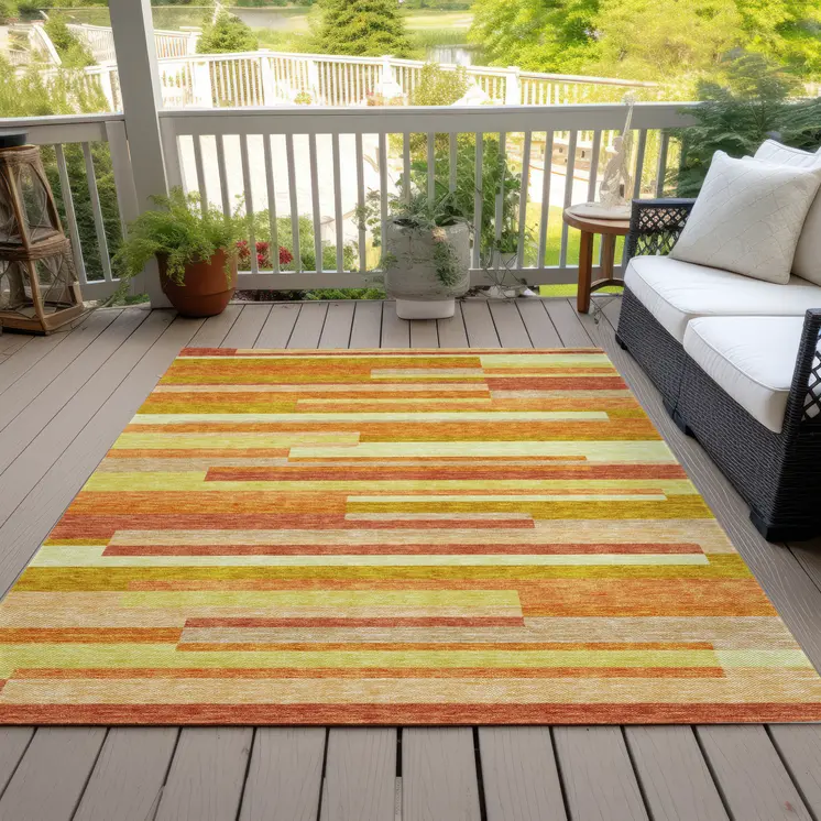 8' X 10' Orange Salmon And Lime Green Striped Washable Indoor Outdoor Area Rug