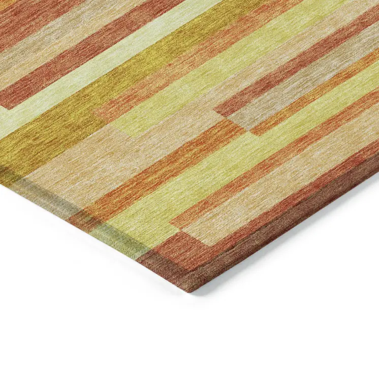 8' X 10' Orange Salmon And Lime Green Striped Washable Indoor Outdoor Area Rug