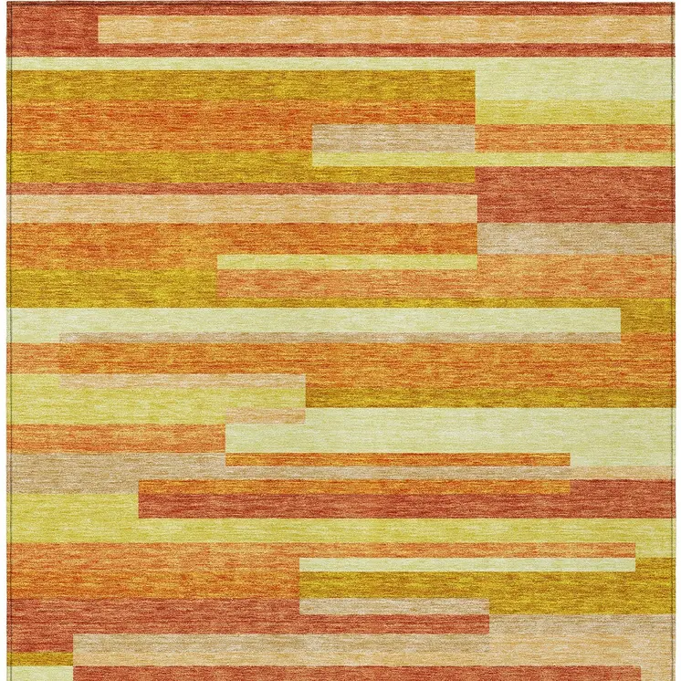8' X 10' Orange Salmon And Lime Green Striped Washable Indoor Outdoor Area Rug