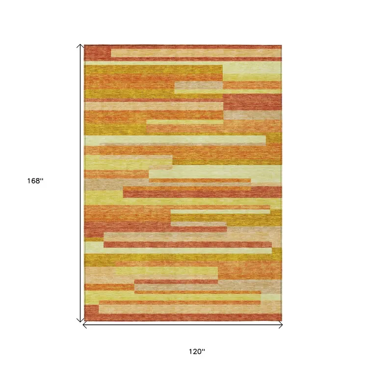 10' X 14' Orange Salmon And Lime Green Striped Washable Indoor Outdoor Area Rug