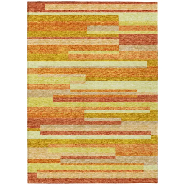 10' X 14' Orange Salmon And Lime Green Striped Washable Indoor Outdoor Area Rug