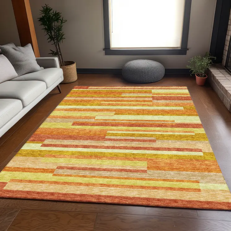 10' X 14' Orange Salmon And Lime Green Striped Washable Indoor Outdoor Area Rug