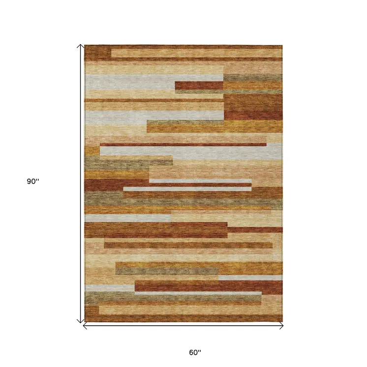 5' X 8' Orange Copper And Taupe Striped Washable Indoor Outdoor Area Rug