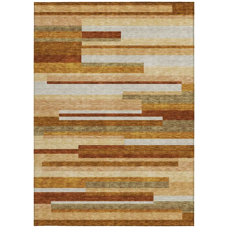 5' X 8' Orange Copper And Taupe Striped Washable Indoor Outdoor Area Rug