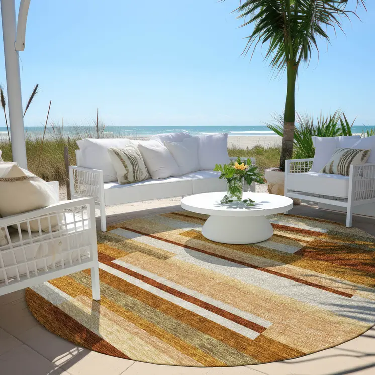 8' Orange Copper And Taupe Round Striped Washable Indoor Outdoor Area Rug