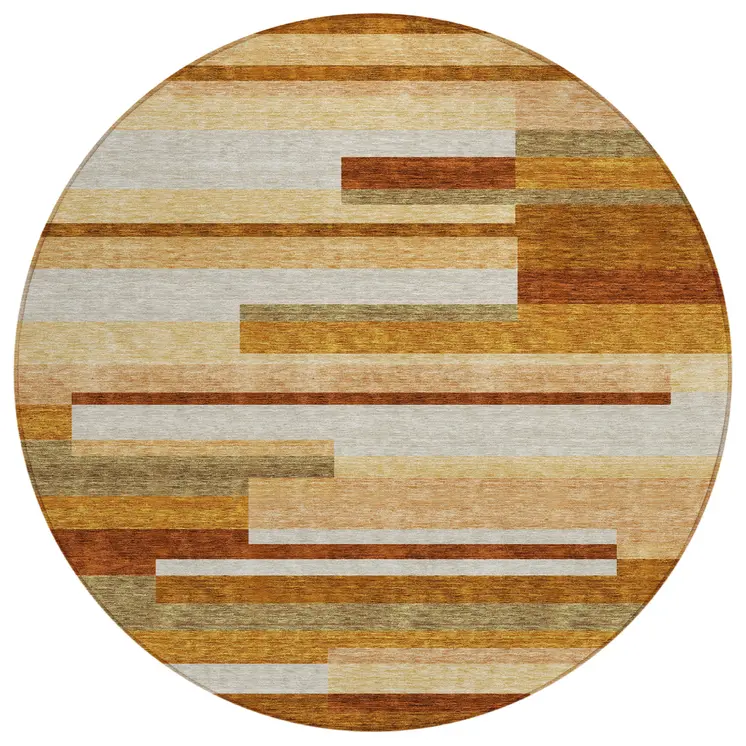 8' Orange Copper And Taupe Round Striped Washable Indoor Outdoor Area Rug