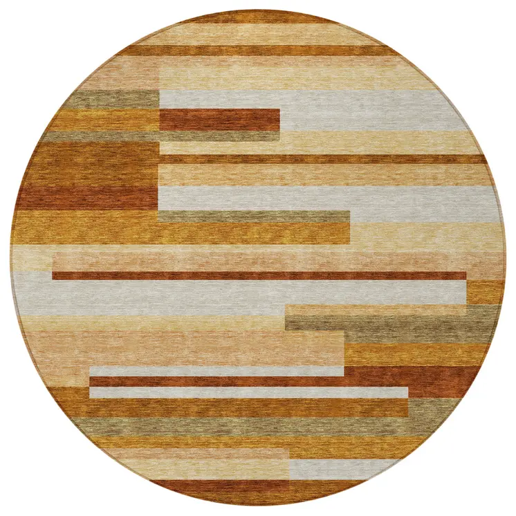 8' Orange Copper And Taupe Round Striped Washable Indoor Outdoor Area Rug