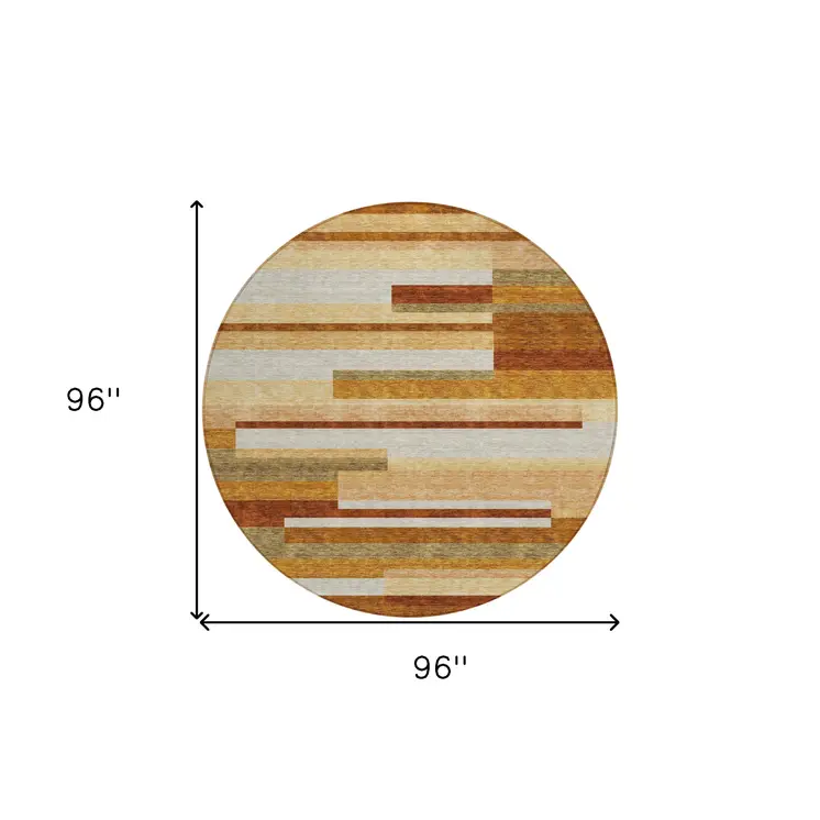 8' Orange Copper And Taupe Round Striped Washable Indoor Outdoor Area Rug