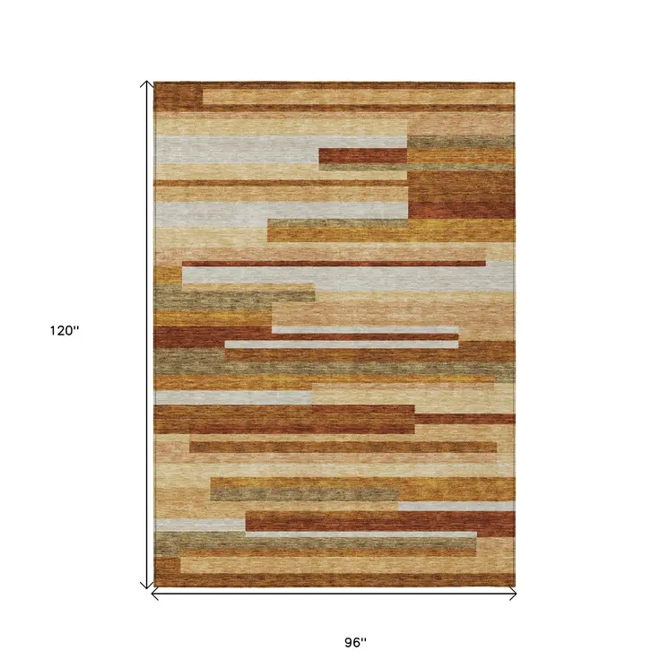8' X 10' Orange Copper And Taupe Striped Washable Indoor Outdoor Area Rug