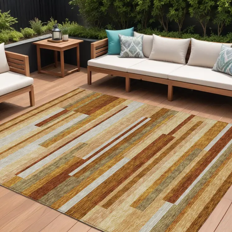 8' X 10' Orange Copper And Taupe Striped Washable Indoor Outdoor Area Rug