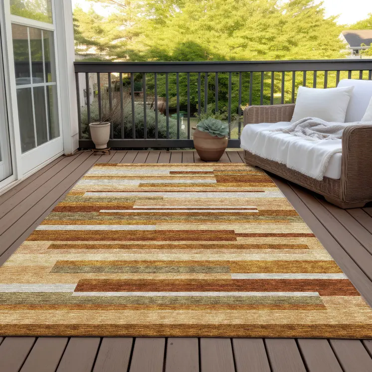 8' X 10' Orange Copper And Taupe Striped Washable Indoor Outdoor Area Rug