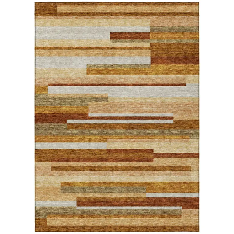 8' X 10' Orange Copper And Taupe Striped Washable Indoor Outdoor Area Rug