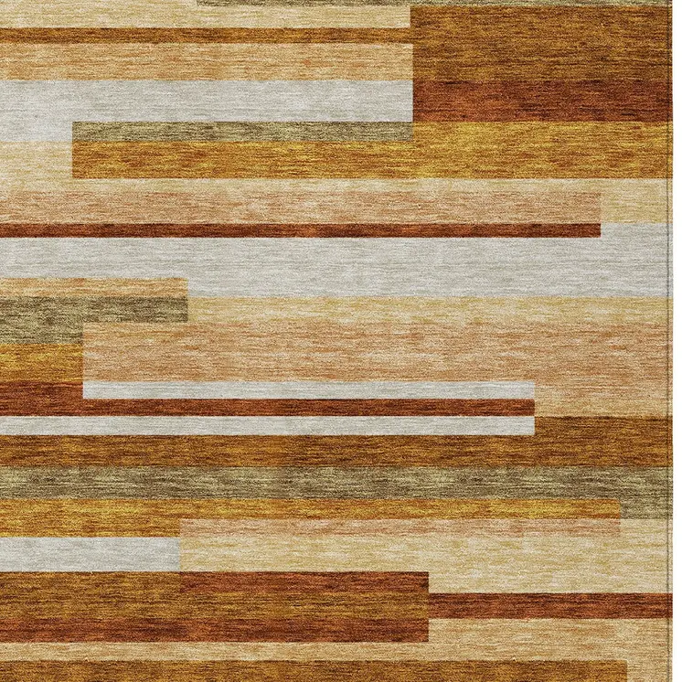 9' X 12' Orange Copper And Taupe Striped Washable Indoor Outdoor Area Rug